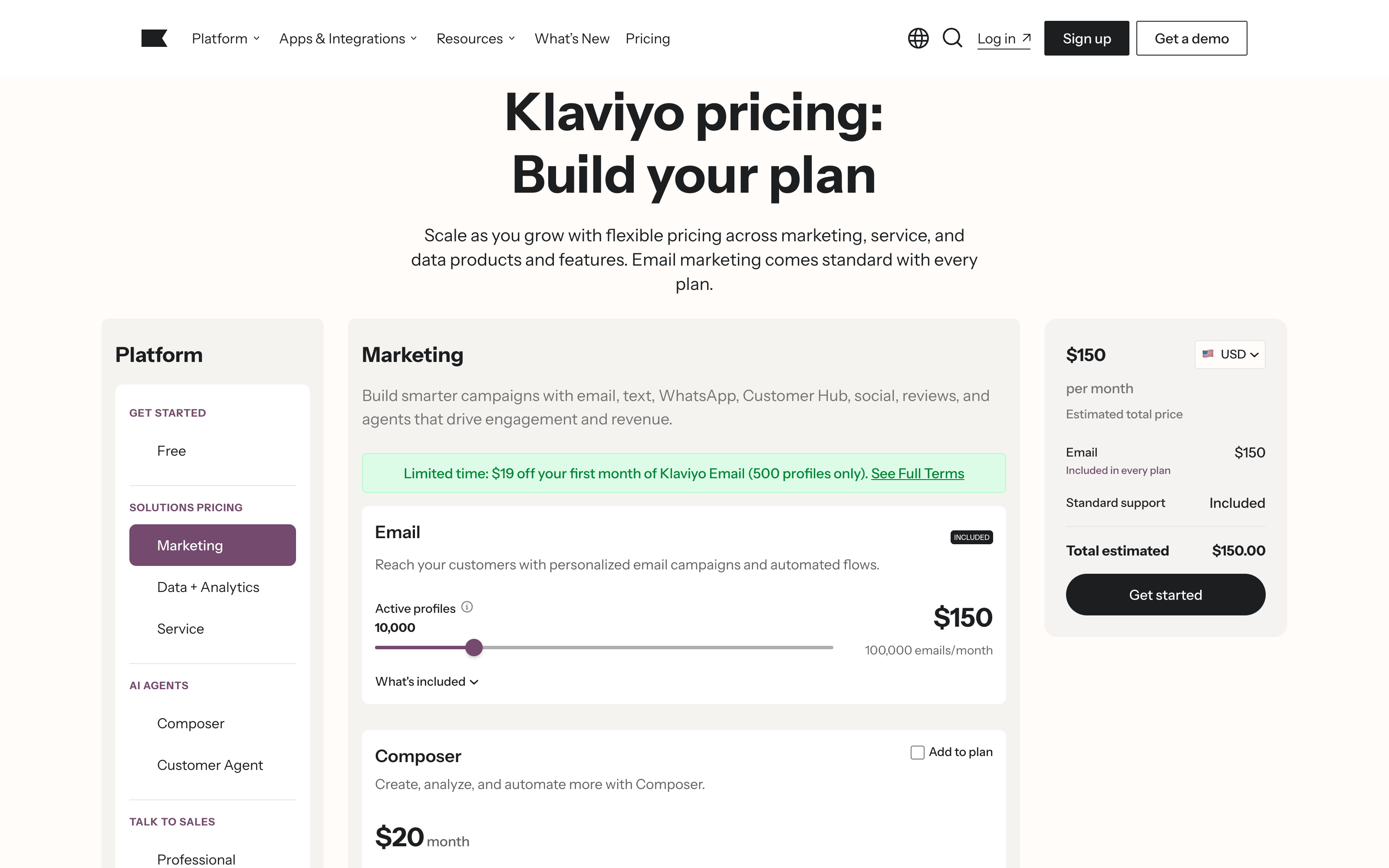 Klaviyo's pricing page with the Marketing tab open and the Email slider at 10,000 active profiles: 150 dollars a month with 100,000 emails per month included